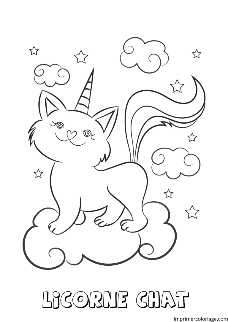 Coloriage d'un chat licorne sur nuage - dessin gratuit &agrave; imprimer