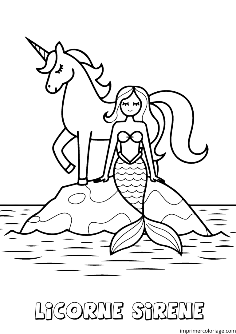 coloriage licorne avec une sir&egrave;ne sur un rocher - dessin gratuit &agrave; imprimer