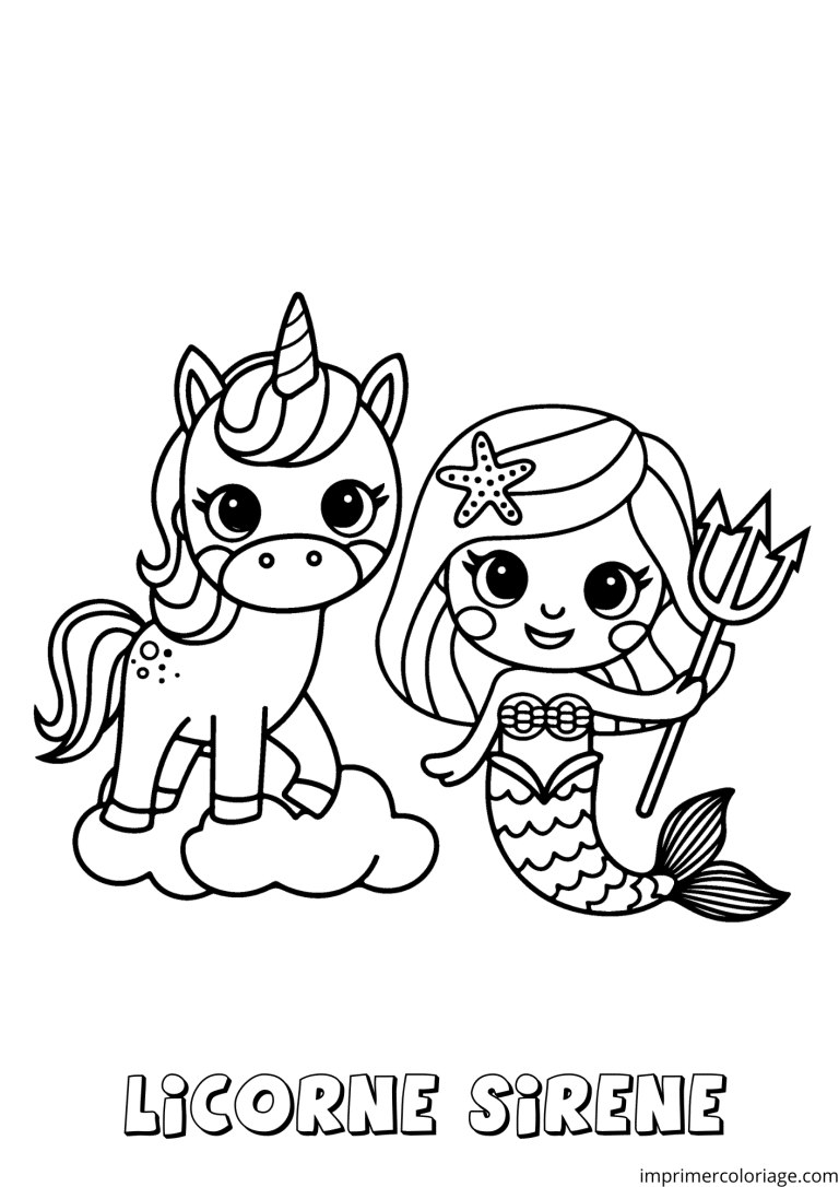 coloriage licorne et sir&egrave;ne avec coquillages - dessin gratuit &agrave; imprimer