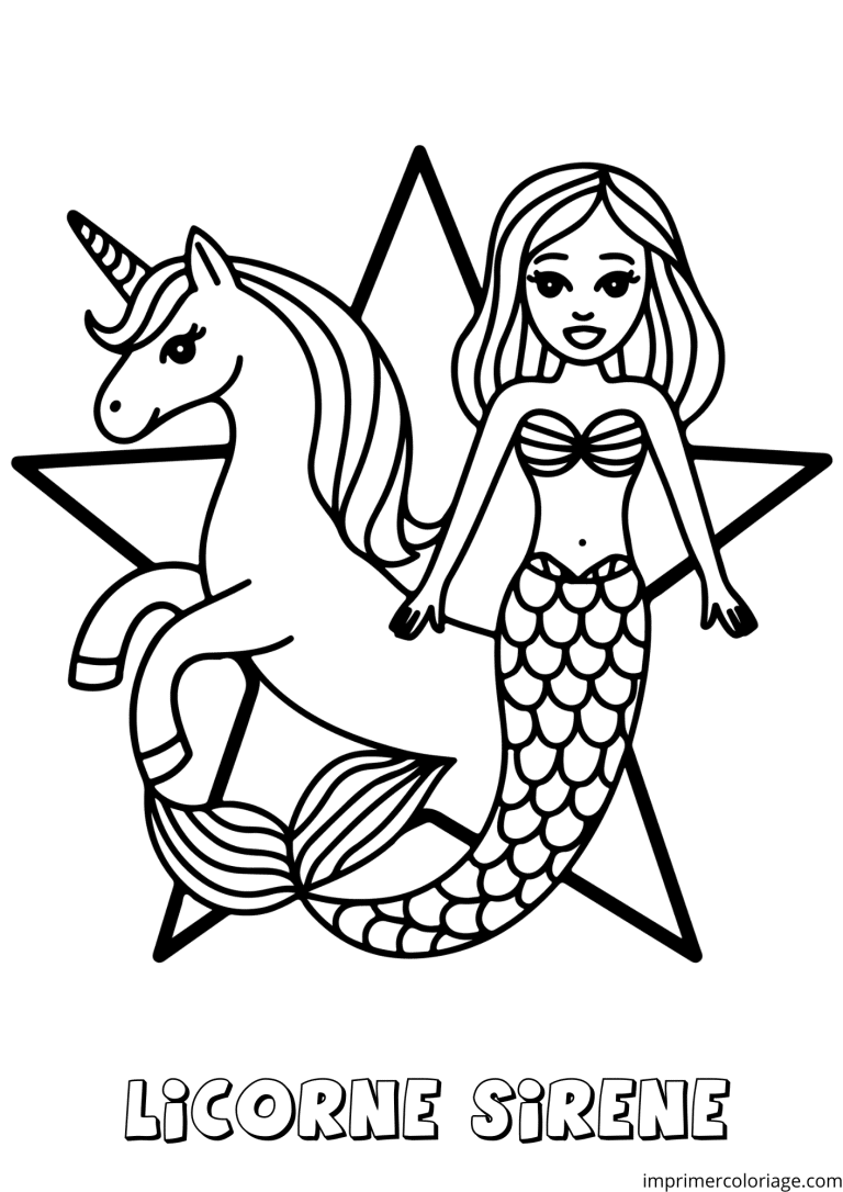 coloriage licorne et sir&egrave;ne dans une &eacute;toile - dessin gratuit &agrave; imprimer