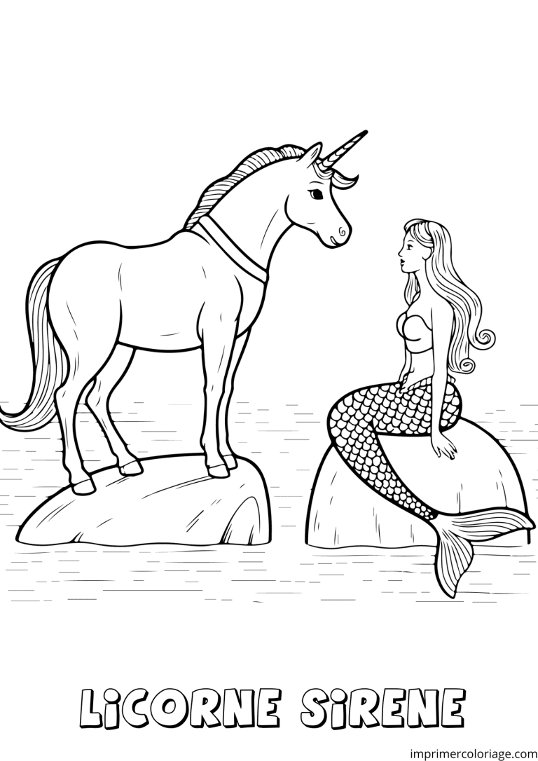coloriage licorne et sir&egrave;ne ensemble sur un rocher - dessin gratuit &agrave; imprimer