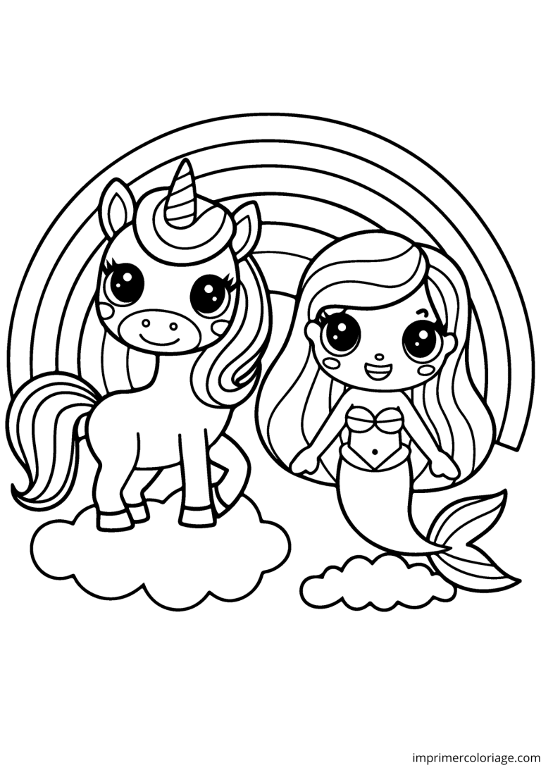 coloriage licorne sir&egrave;ne avec arc en ciel - dessin gratuit &agrave; imprimer