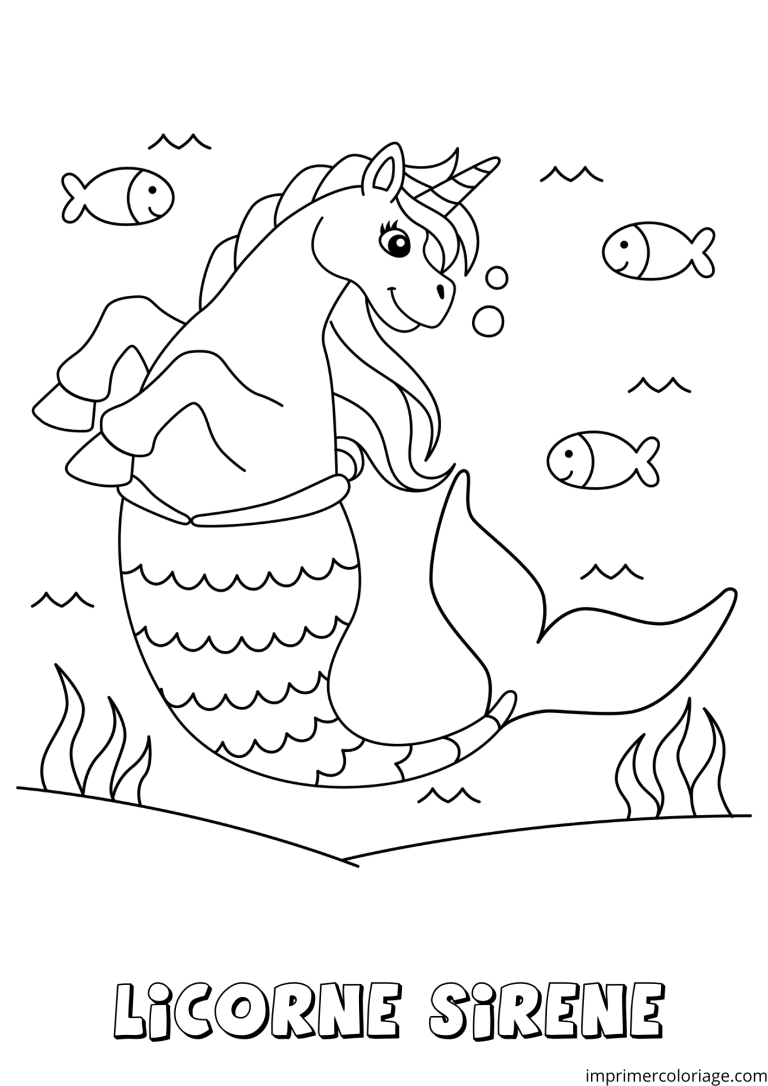 coloriage licorne sir&egrave;ne avec les poissons - dessin gratuit &agrave; imprimer