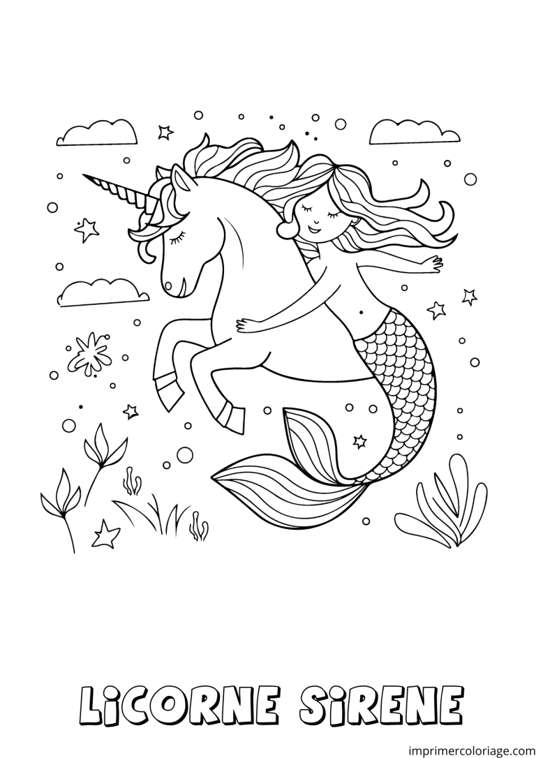 coloriage licorne sir&egrave;ne calin - dessin gratuit &agrave; imprimer