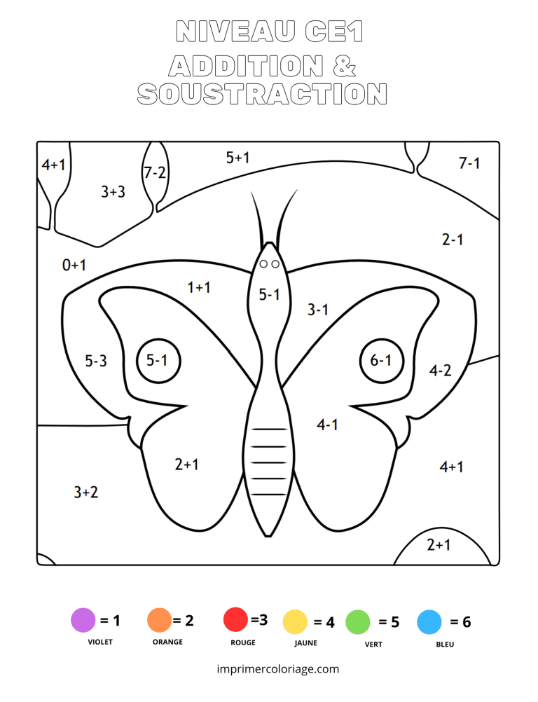 coloriage magique CE1 addition et soustraction PAPILLON - dessin gratuit &agrave; imprimer
