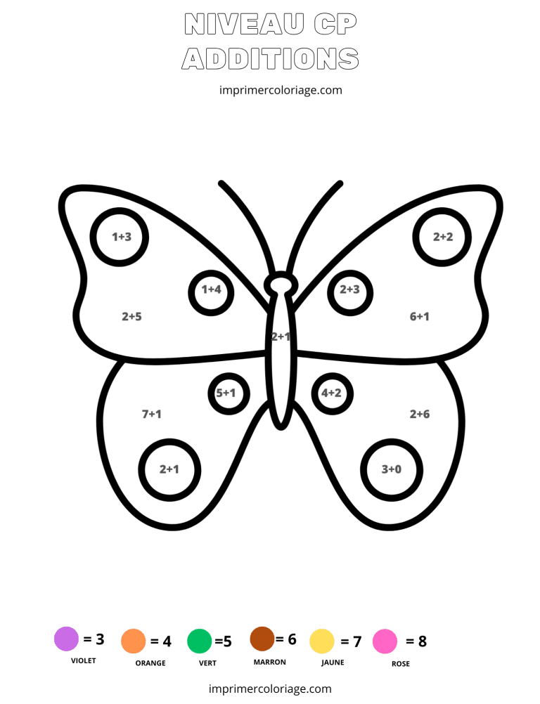 coloriage magique CP addition papillon - dessin gratuit &agrave; imprimer