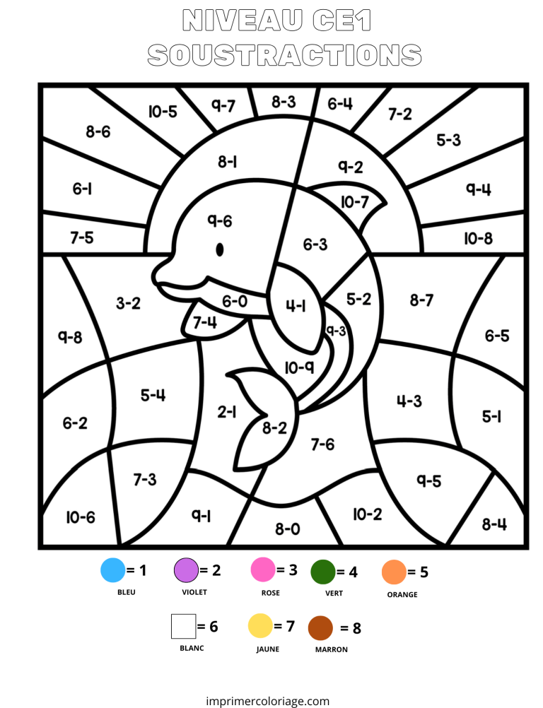 coloriage magique CP soustractions dauphin - dessin gratuit &agrave; imprimer