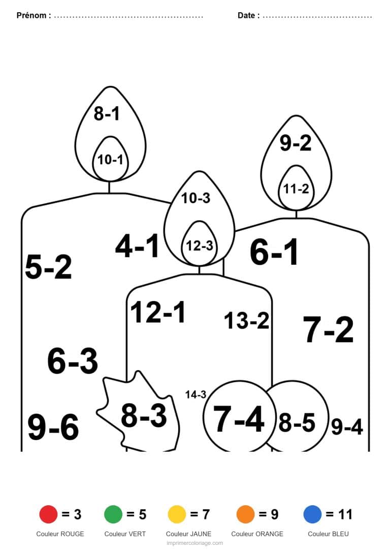 coloriage magique ce1 bougies de noel soustraction - dessin gratuit &agrave; imprimer