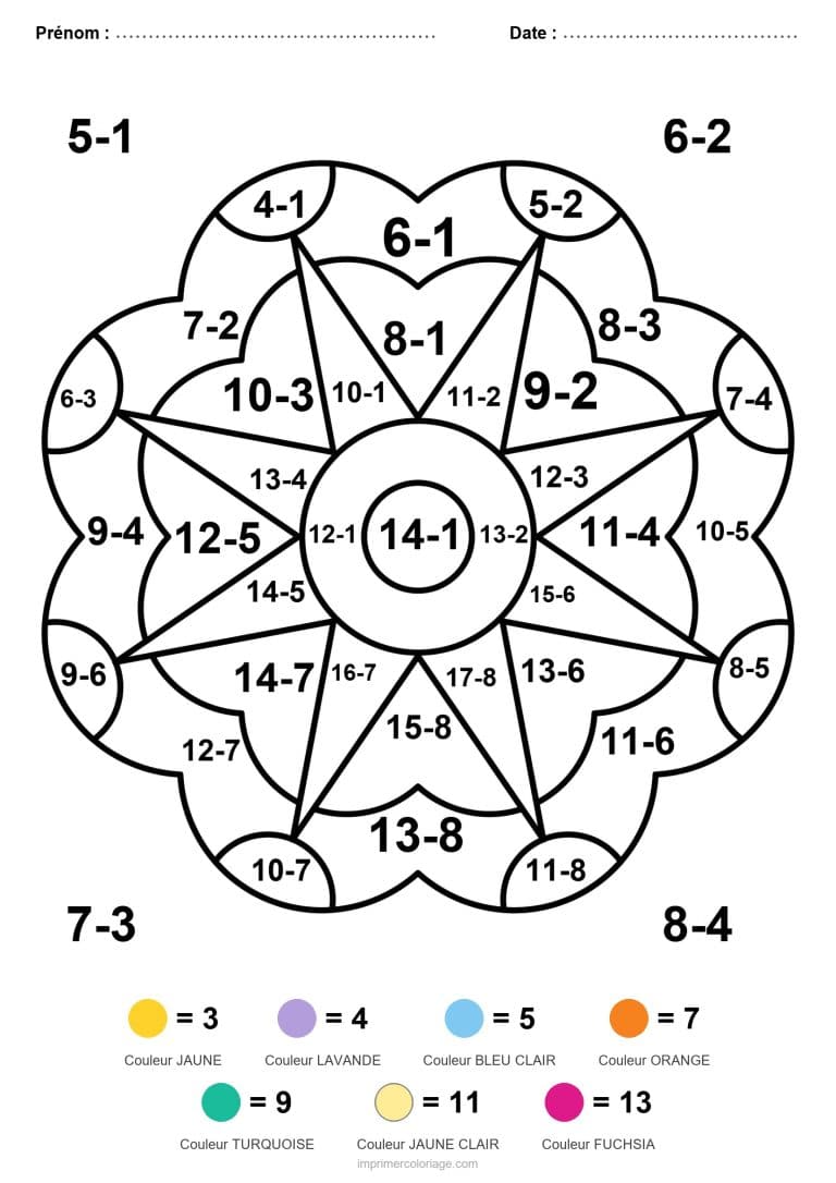 coloriage magique ce1 etoile mandala soustraction - dessin gratuit &agrave; imprimer