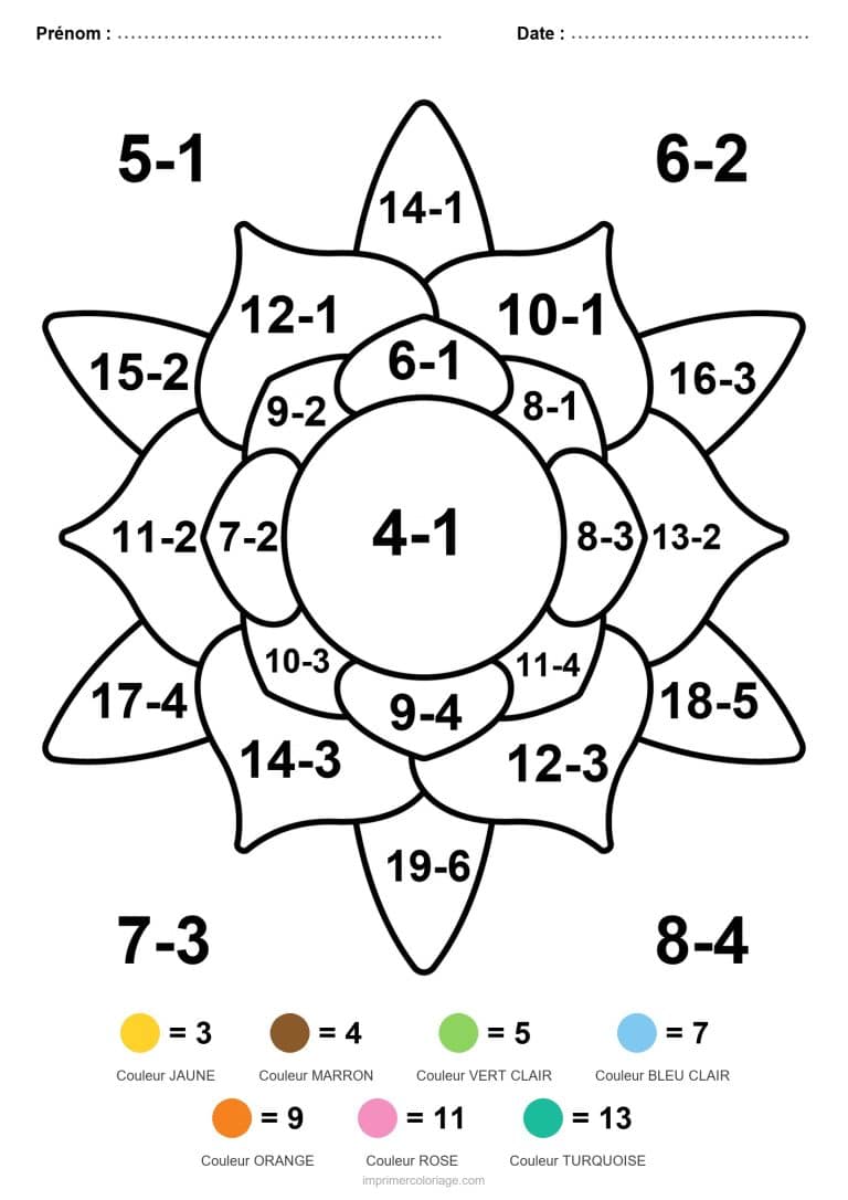 coloriage magique ce1 fleur de lotus soustraction - dessin gratuit &agrave; imprimer