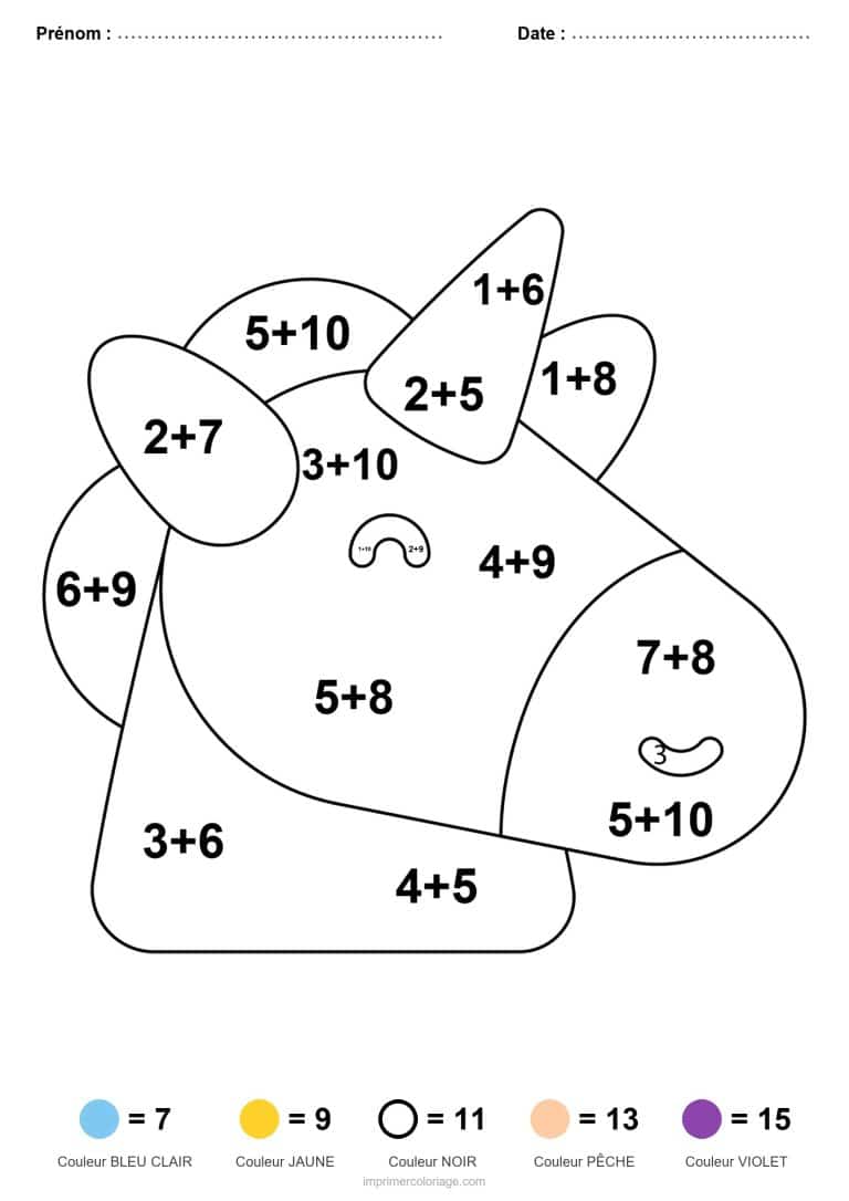 coloriage magique ce1 licorne aux longues oreilles addition - dessin gratuit &agrave; imprimer