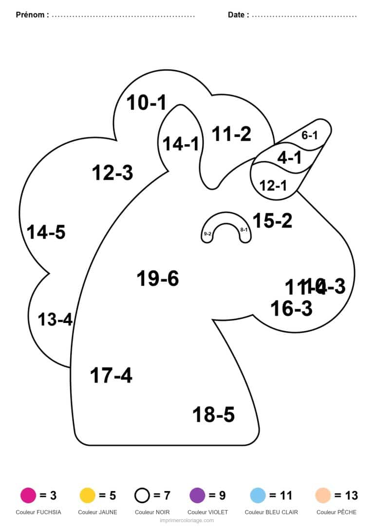 coloriage magique ce1 licorne boudeuse soustraction - dessin gratuit &agrave; imprimer