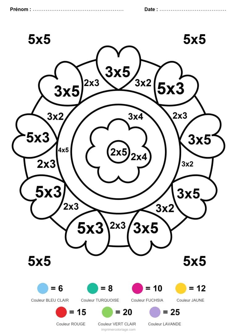 coloriage magique ce1 mandala a coeurs multiplication - dessin gratuit &agrave; imprimer