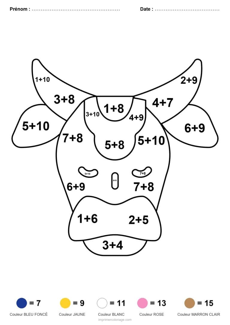 coloriage magique ce1 taureau addition - dessin gratuit &agrave; imprimer