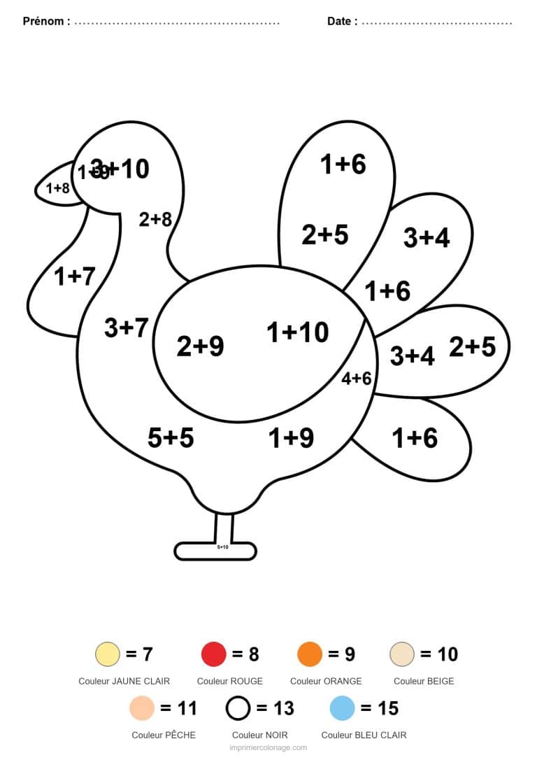 coloriage magique cp dinde addition - dessin gratuit &agrave; imprimer