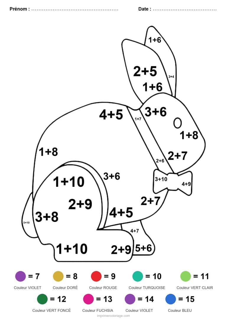 coloriage magique cp lapin au noeud addition - dessin gratuit &agrave; imprimer