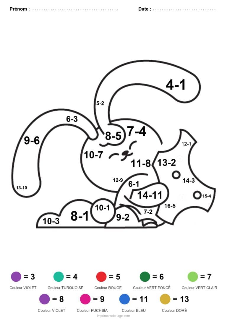 coloriage magique cp lapin et oeuf soustraction - dessin gratuit &agrave; imprimer