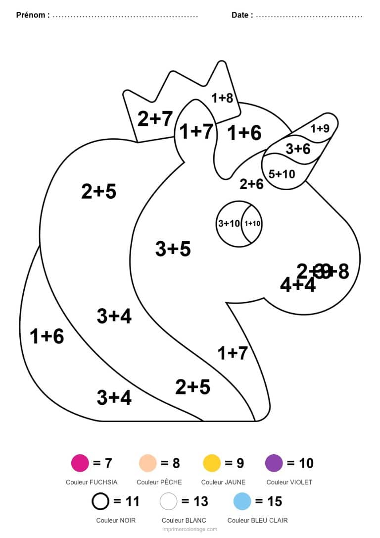 coloriage magique cp licorne couronnee addition - dessin gratuit &agrave; imprimer