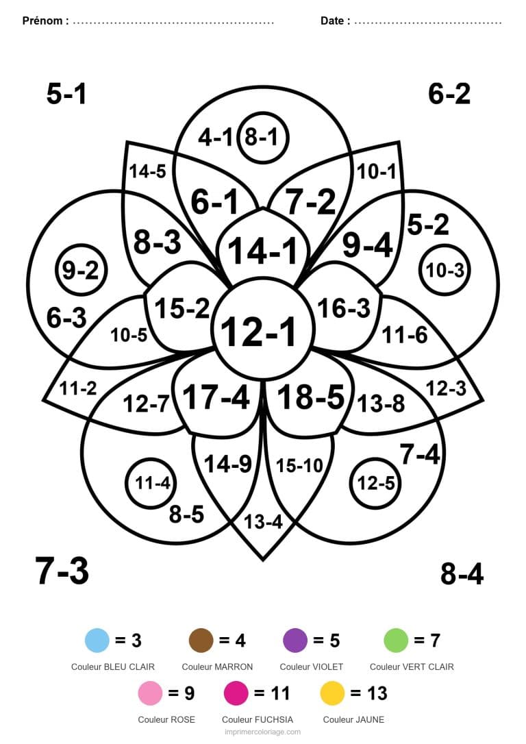 coloriage magique cp mandala a gouttes soustraction - dessin gratuit &agrave; imprimer