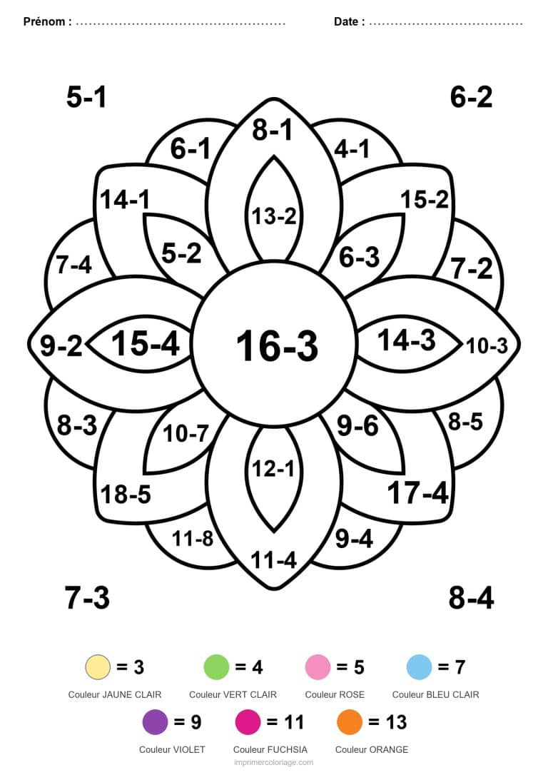 coloriage magique cp mandala a six petales soustraction - dessin gratuit &agrave; imprimer