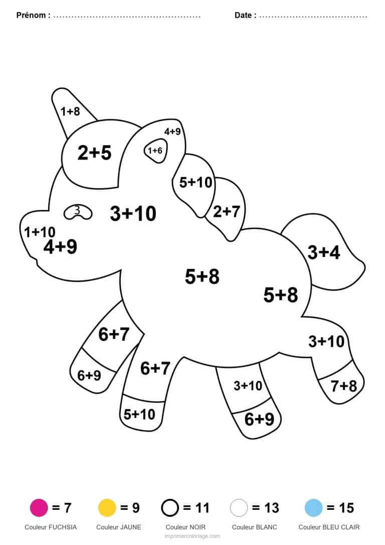 coloriage magique cp poney licorne joueur addition - dessin gratuit &agrave; imprimer