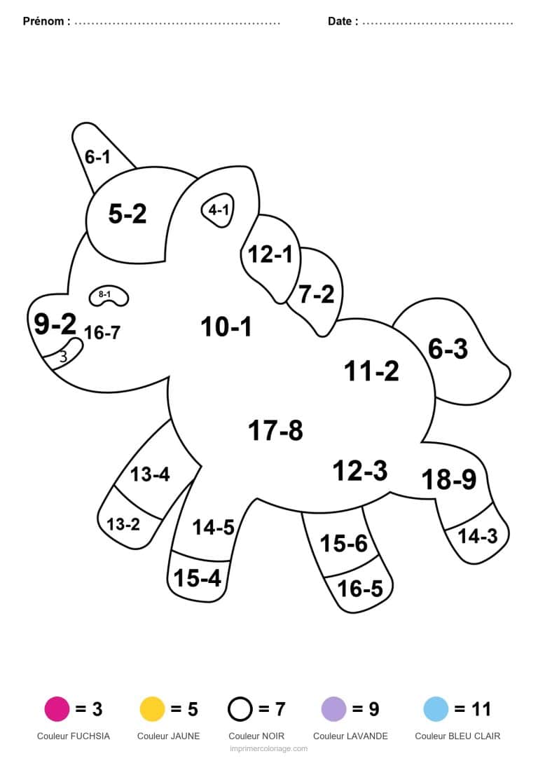 coloriage magique cp poney licorne soustraction - dessin gratuit &agrave; imprimer