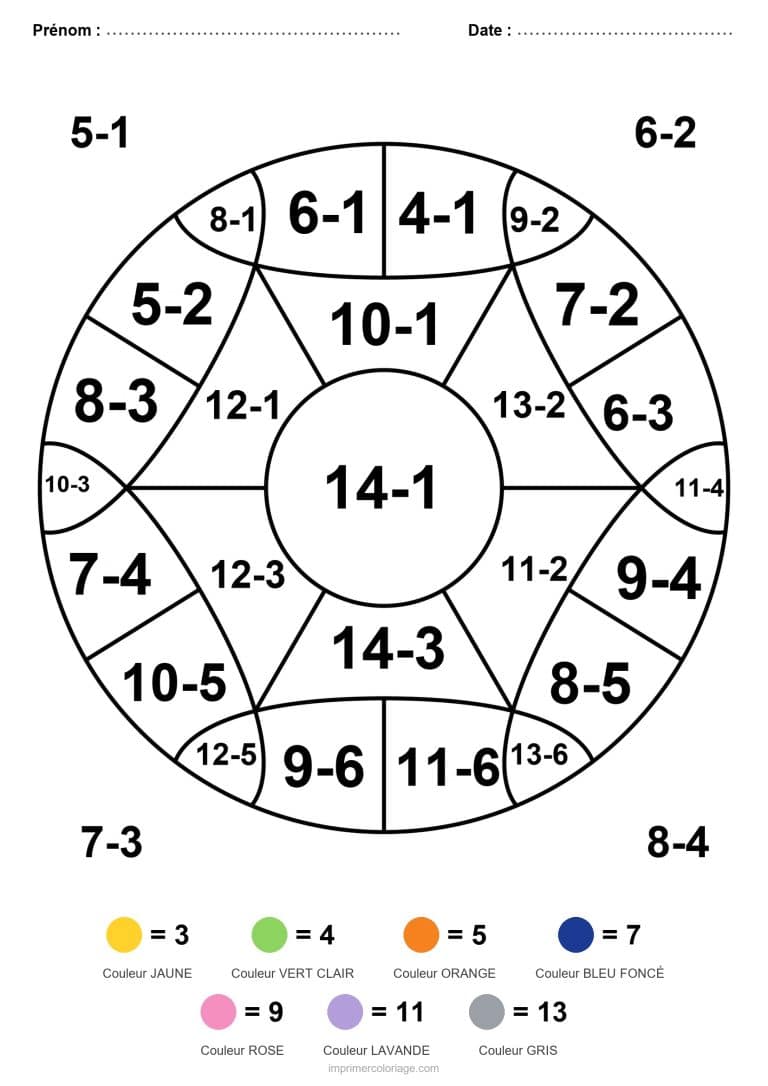coloriage magique cp roue mandala soustraction - dessin gratuit &agrave; imprimer