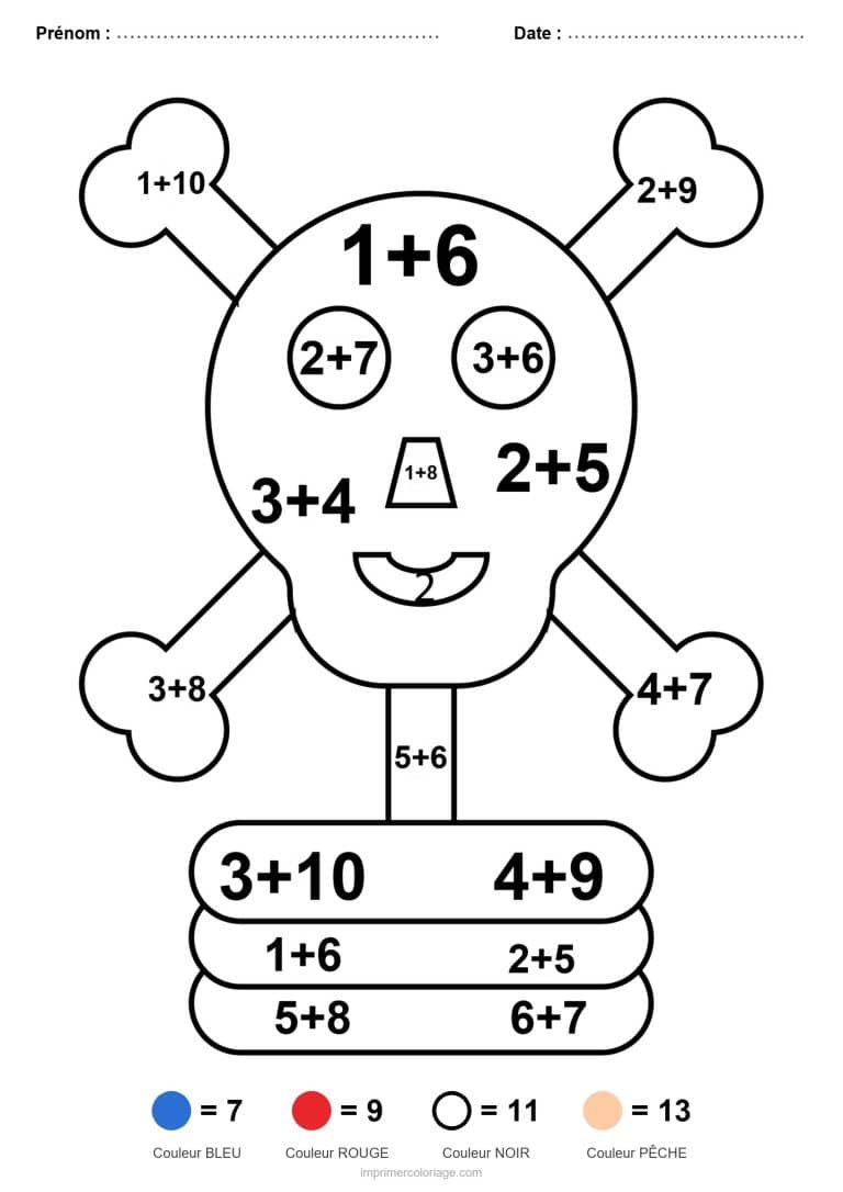 coloriage magique cp squelette addition - dessin gratuit &agrave; imprimer