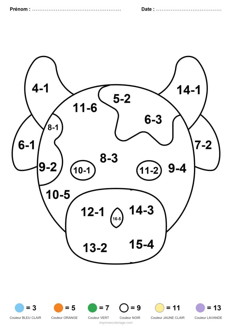 coloriage magique cp vache soustraction - dessin gratuit &agrave; imprimer