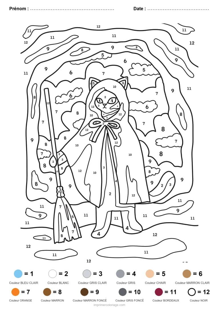 coloriage magique halloween chat sorciere - dessin gratuit &agrave; imprimer