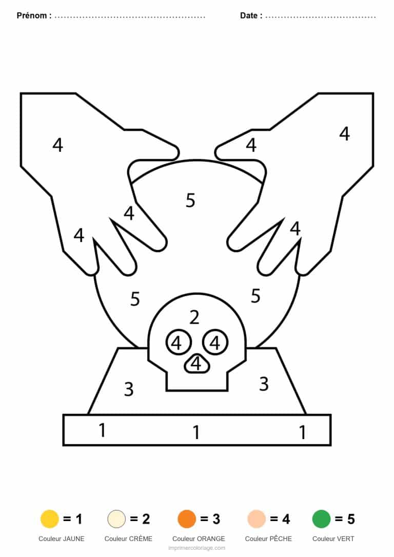 coloriage magique halloween crane et mains - dessin gratuit &agrave; imprimer