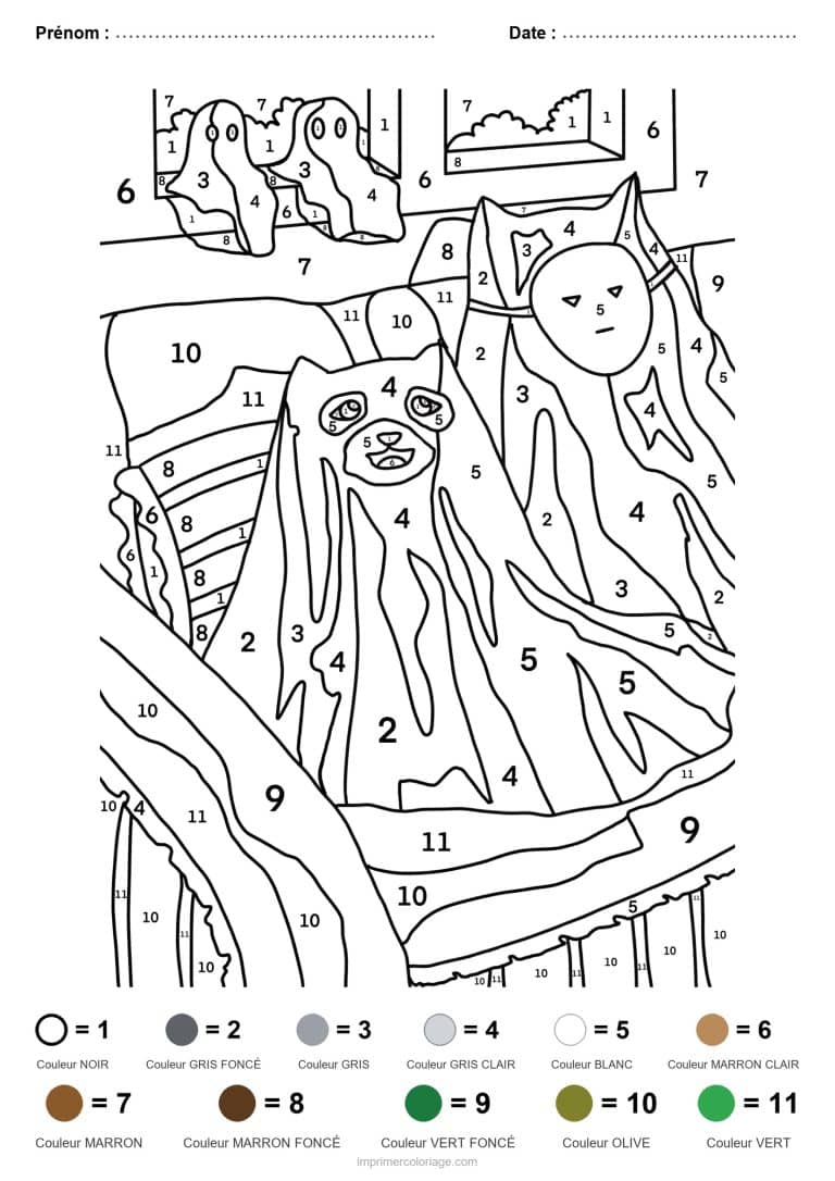 coloriage magique halloween fantomes et chat - dessin gratuit &agrave; imprimer