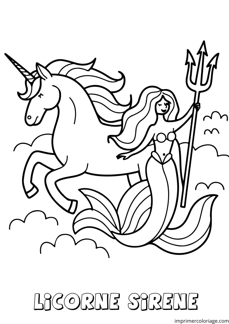 coloriage petite licorne avec sir&egrave;ne qui tient son trident - dessin gratuit &agrave; imprimer
