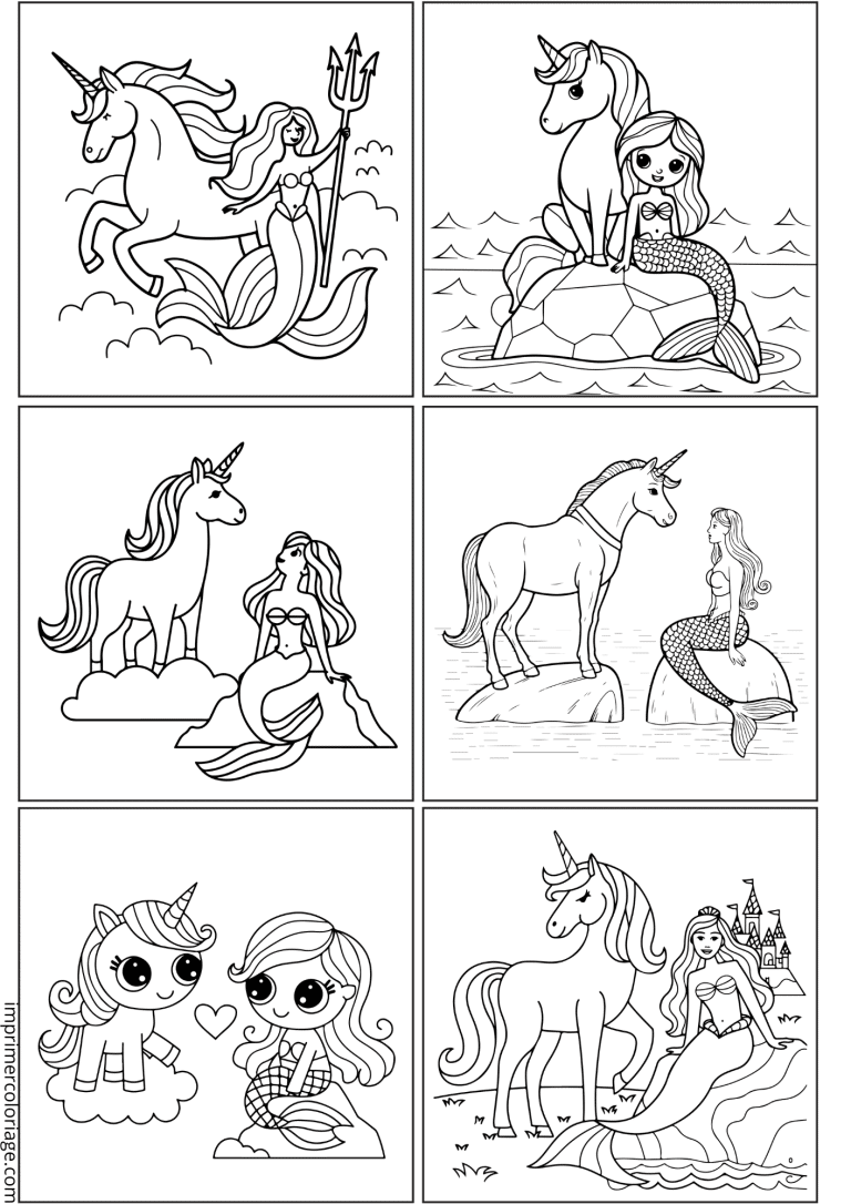 planche avec 6 licornes sir&egrave;nes - dessin gratuit &agrave; imprimer