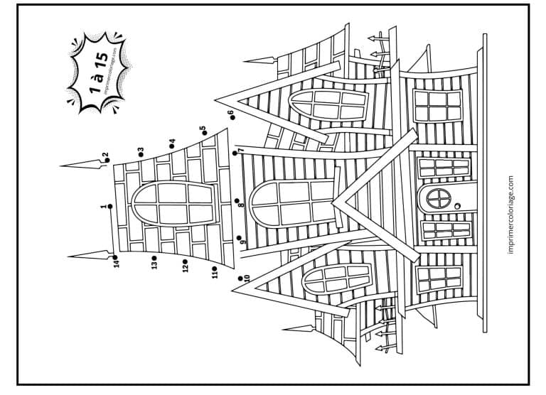 point &agrave; relier &agrave; colorier maison halloween qui fait peur - dessin gratuit &agrave; imprimer