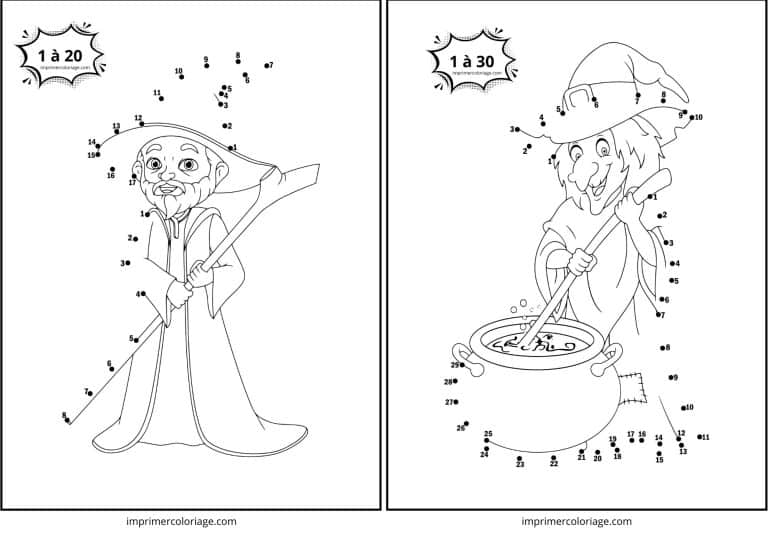 point &agrave; relier de sorcier et sorci&egrave;re pour halloween - dessin gratuit &agrave; imprimer