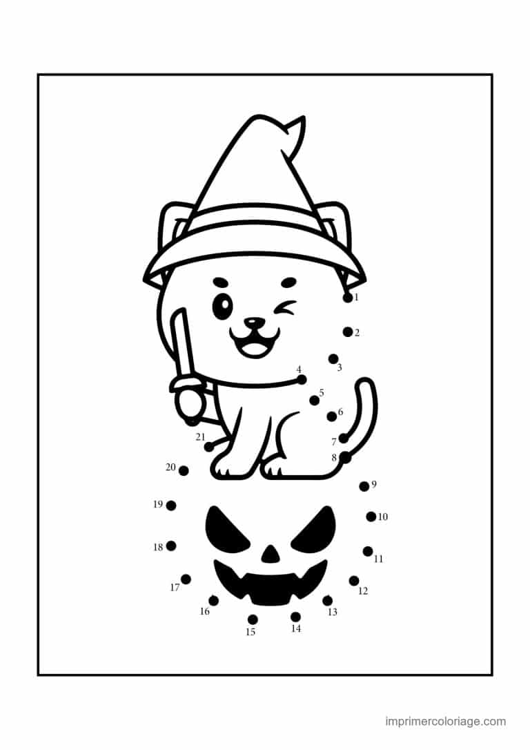 point a relier halloween 1 a 21 chat sorcier sur une citrouille - dessin gratuit &agrave; imprimer