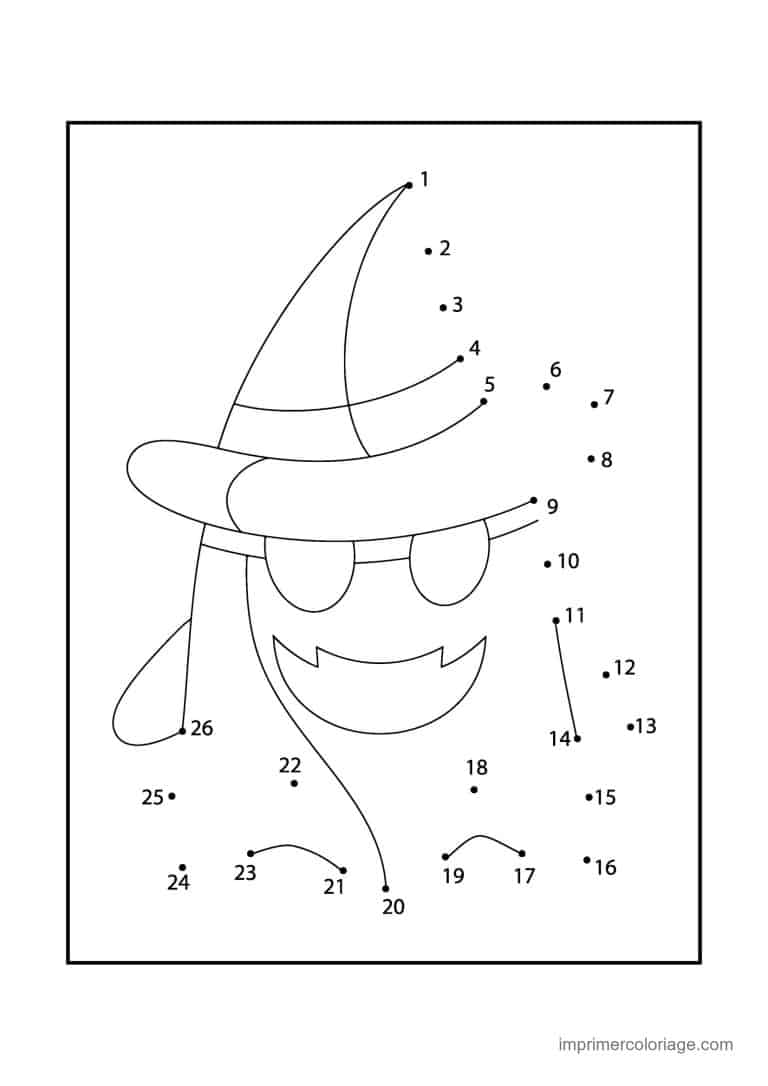 point a relier halloween 1 a 26 citrouille au chapeau de sorciere - dessin gratuit &agrave; imprimer