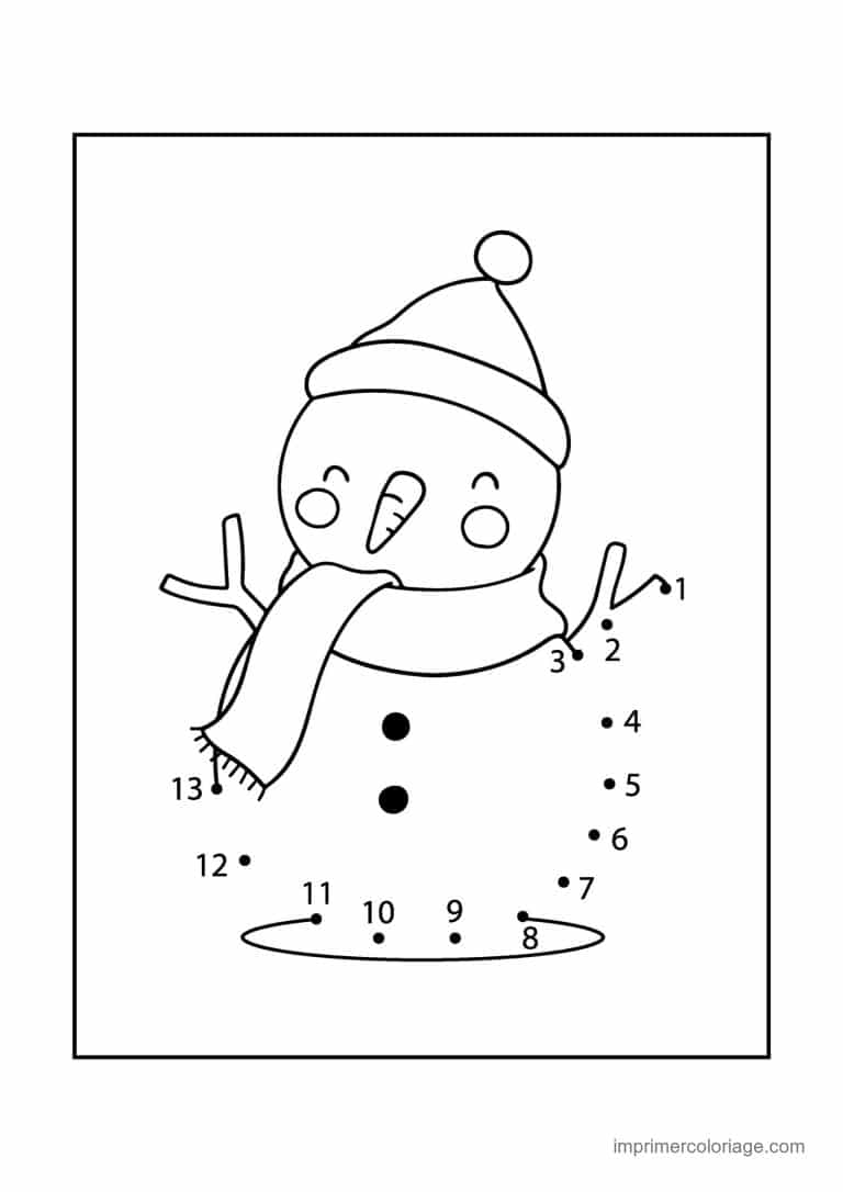 point a relier noel 1 a 13 bonhomme de neige au bonnet a pompon - dessin gratuit &agrave; imprimer