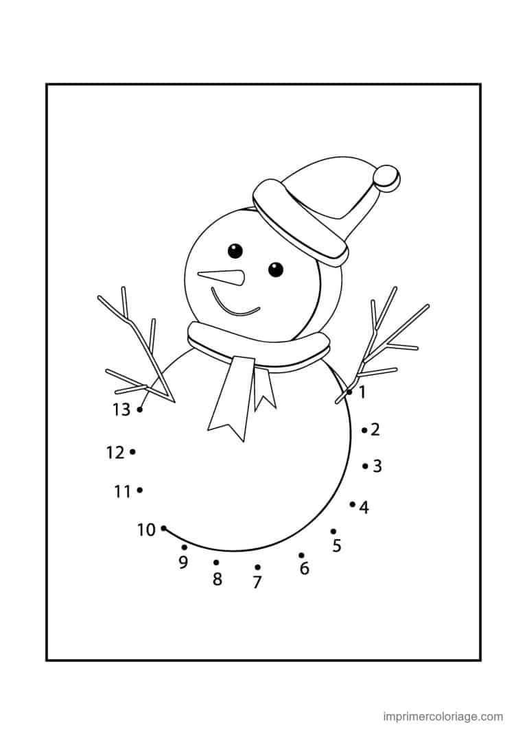 point a relier noel 1 a 13 bonhomme de neige bras branches - dessin gratuit &agrave; imprimer
