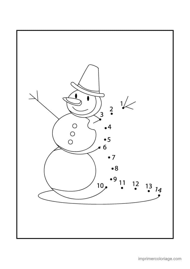 point a relier noel 1 a 14 bonhomme de neige au chapeau haut - dessin gratuit &agrave; imprimer