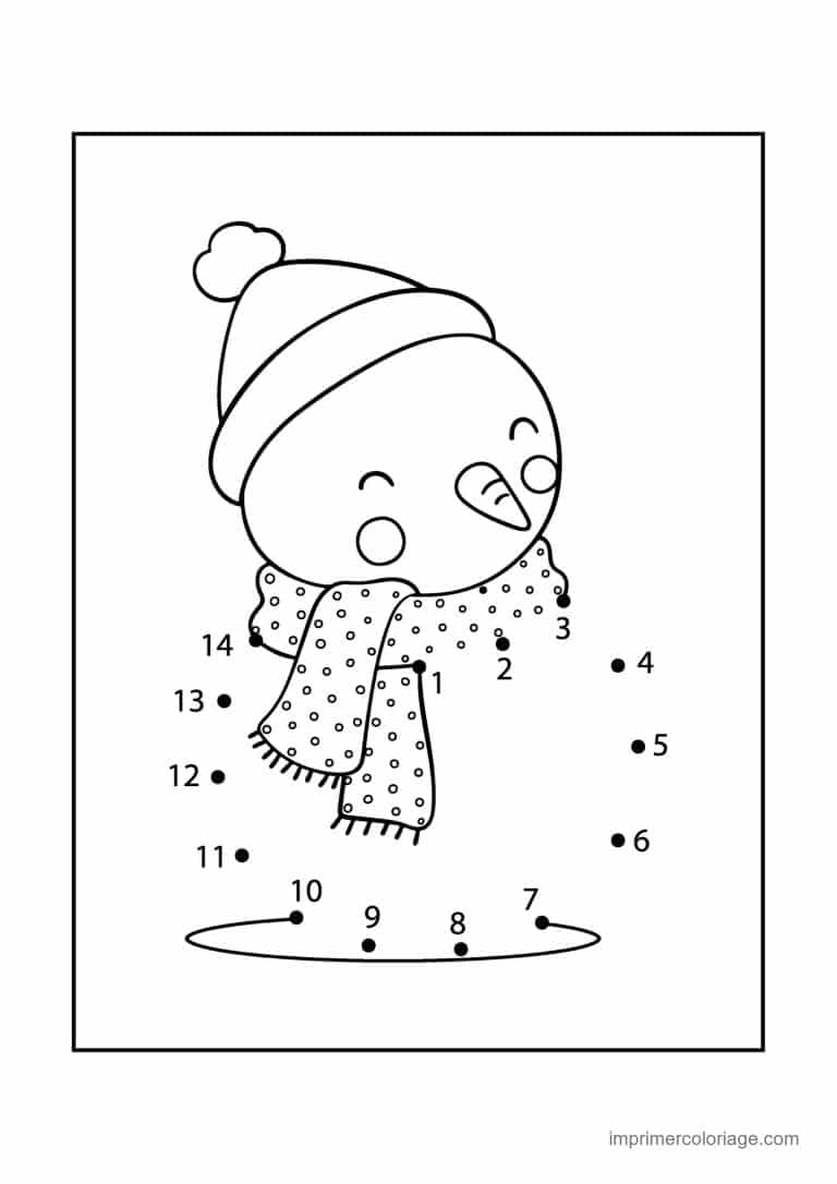 point a relier noel 1 a 14 bonhomme de neige avec bonnet et echarpe - dessin gratuit &agrave; imprimer