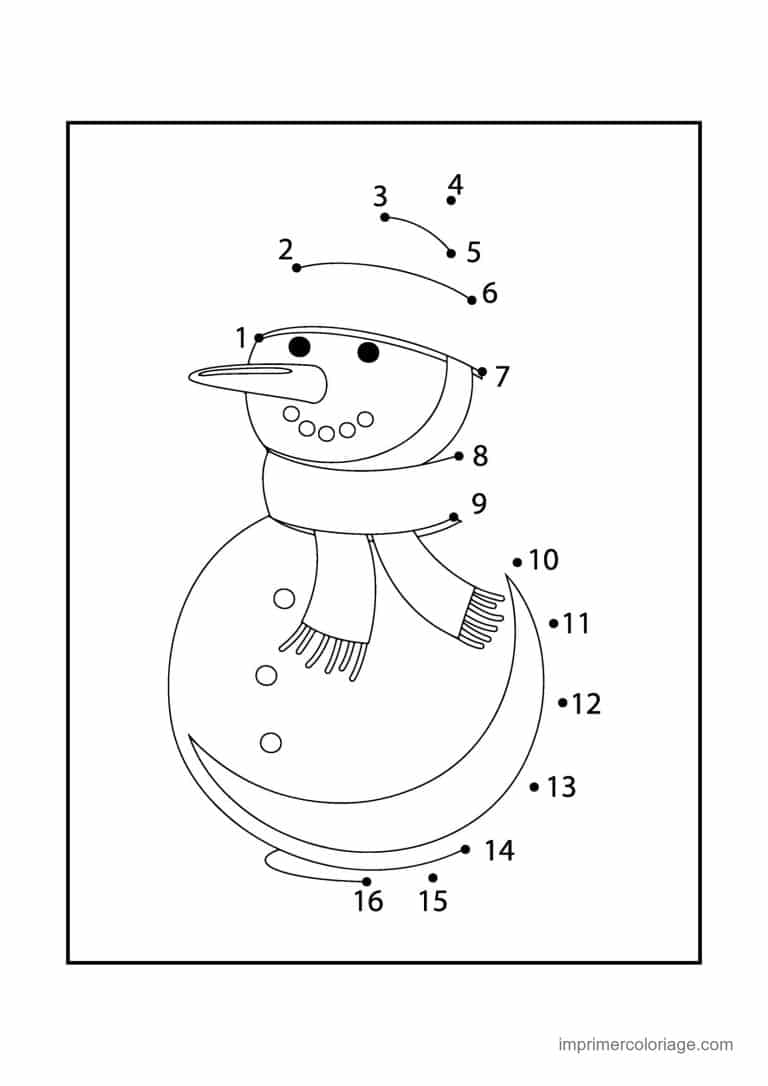 point a relier noel 1 a 16 bonhomme de neige a la longue echarpe 2 - dessin gratuit &agrave; imprimer