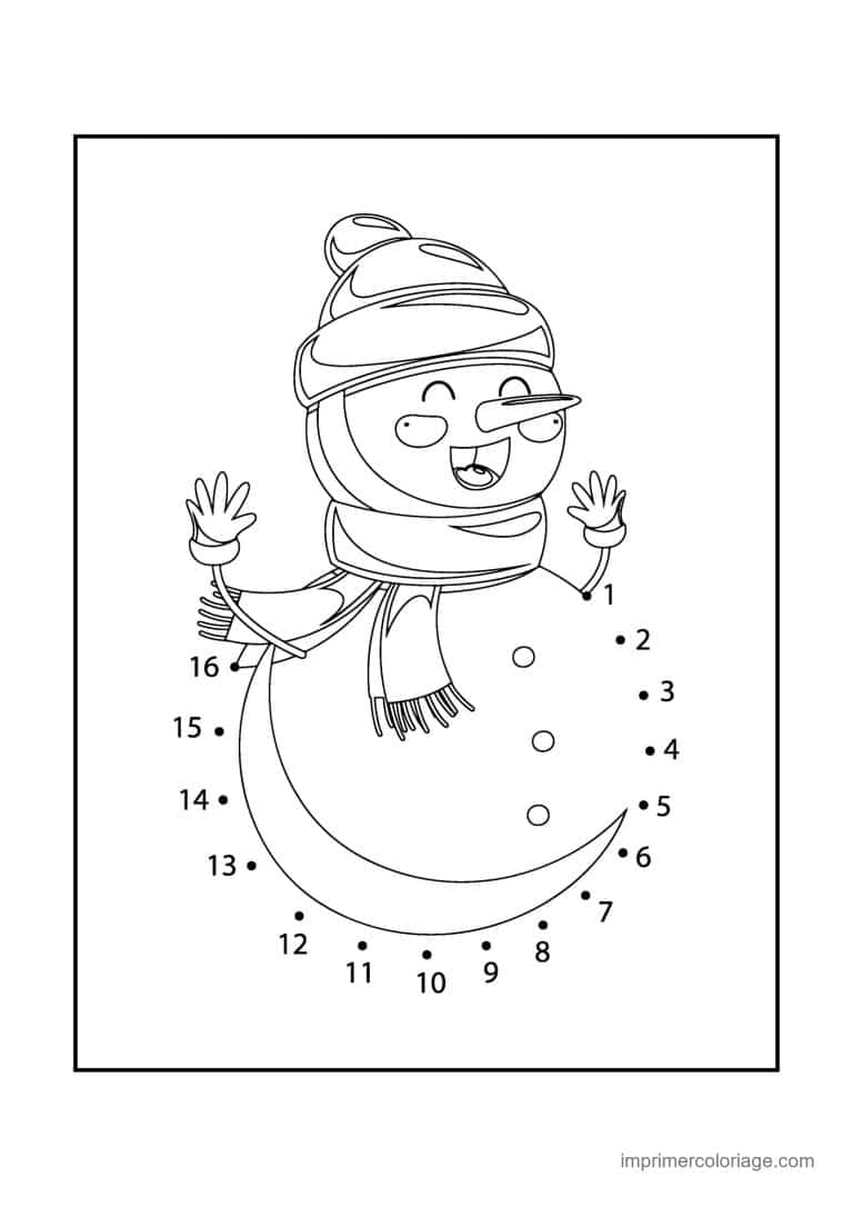 point a relier noel 1 a 16 bonhomme de neige a la longue echarpe - dessin gratuit &agrave; imprimer