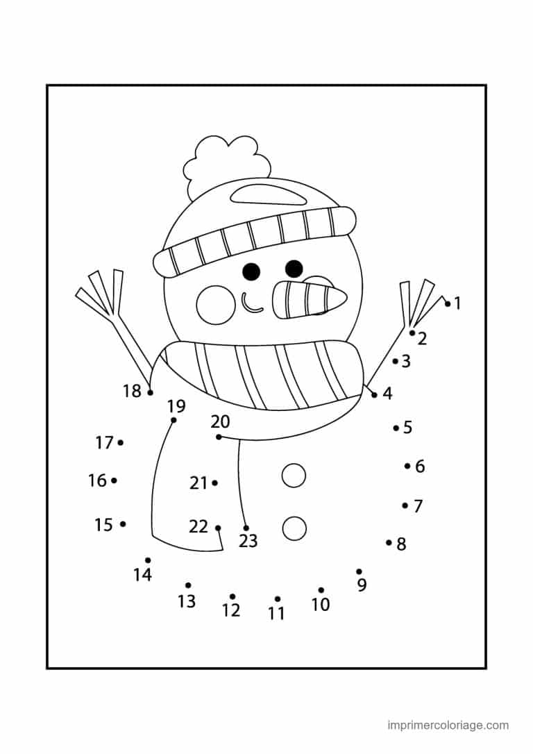 point a relier noel 1 a 23 bonhomme de neige au gros bonnet - dessin gratuit &agrave; imprimer