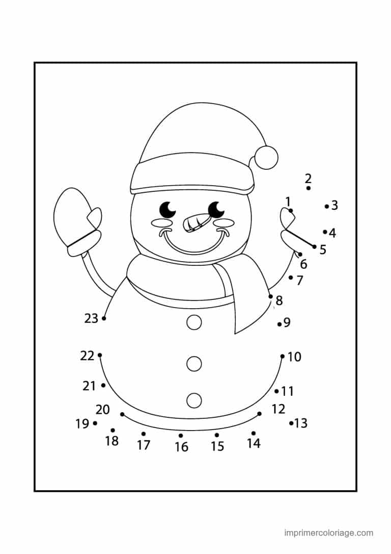 point a relier noel 1 a 23 bonhomme de neige avec moufle - dessin gratuit &agrave; imprimer