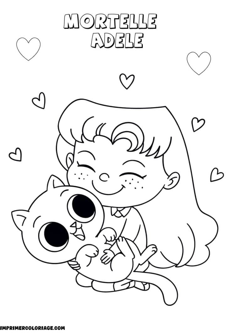 Coloriage de mortelle adele AVEC SON CHAT AMOUR - dessin gratuit &agrave; imprimer