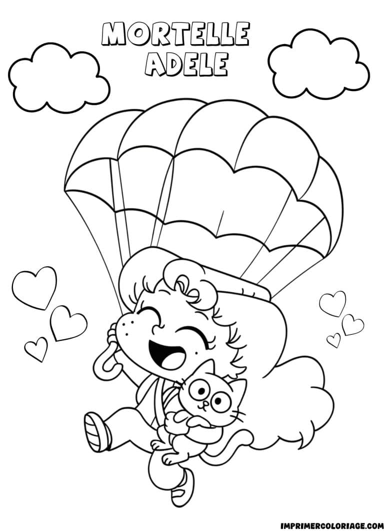 Coloriage de mortelle qui saute en parachute avec son chat - dessin gratuit &agrave; imprimer
