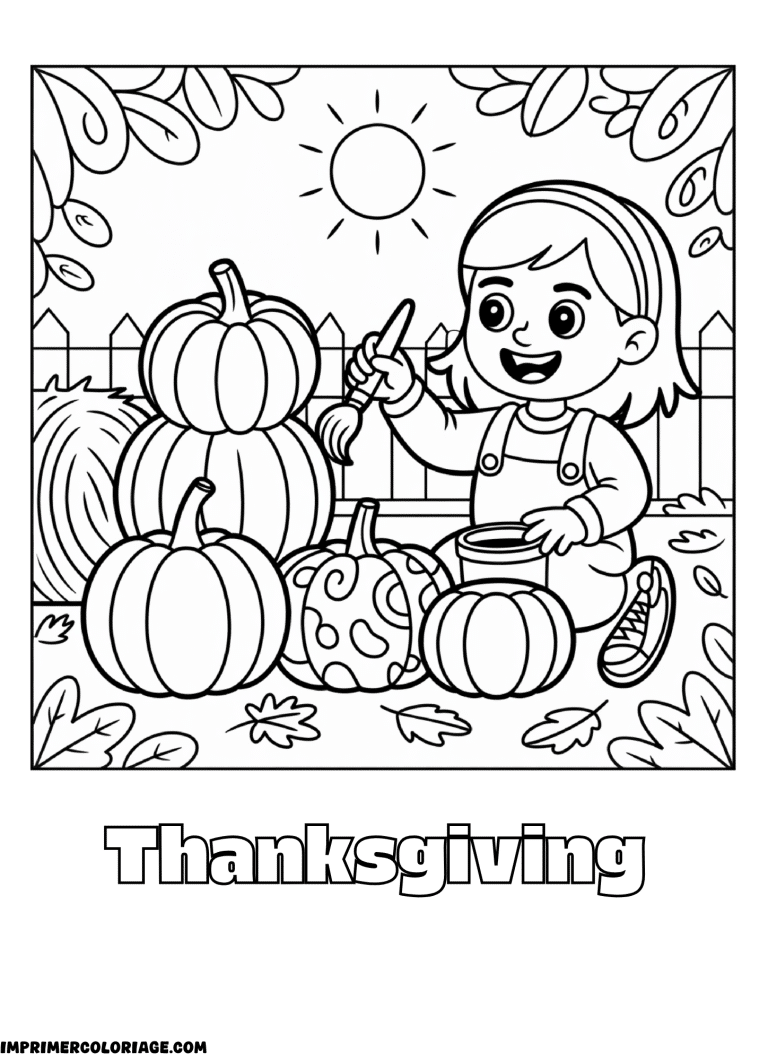 coloriage Thanksgiving citrouilles et feuilles d&rsquo;automne - dessin gratuit &agrave; imprimer