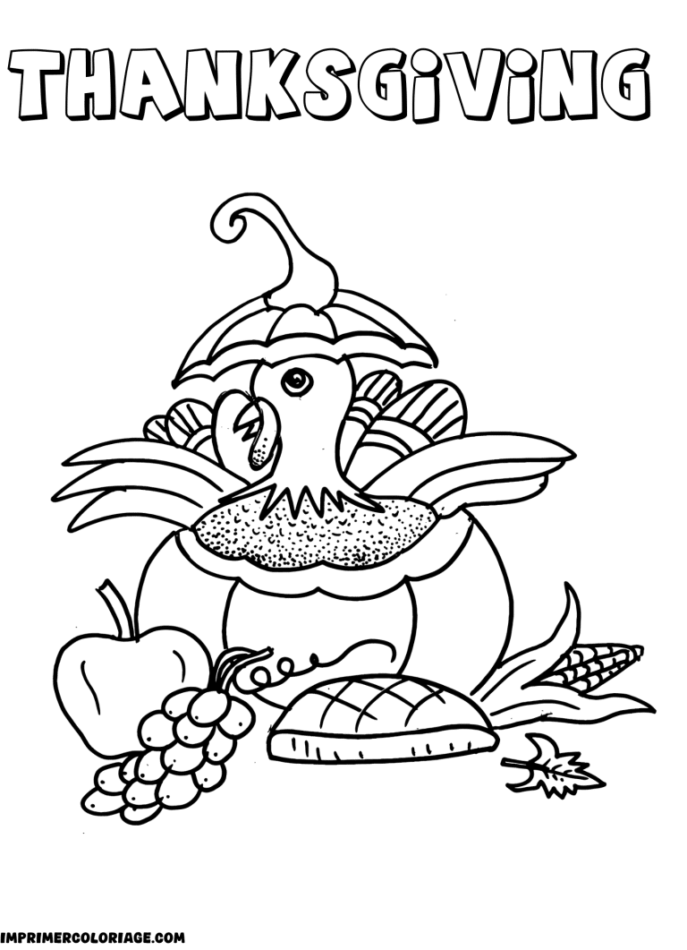 coloriage Thanksgiving dessin dinde cuite sur la table - dessin gratuit &agrave; imprimer